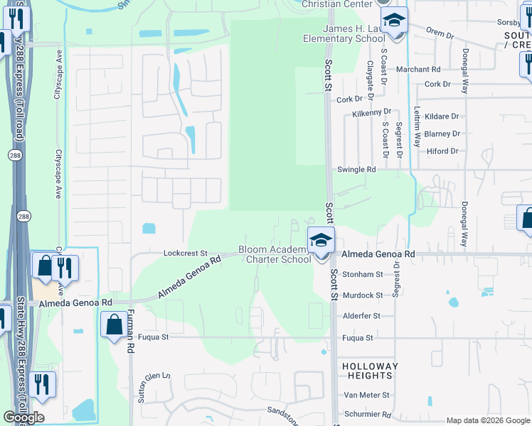 map of restaurants, bars, coffee shops, grocery stores, and more near 13213 Land Road in Houston