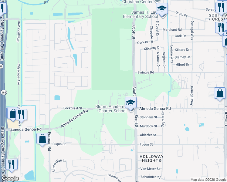map of restaurants, bars, coffee shops, grocery stores, and more near 13213 Land Road in Houston