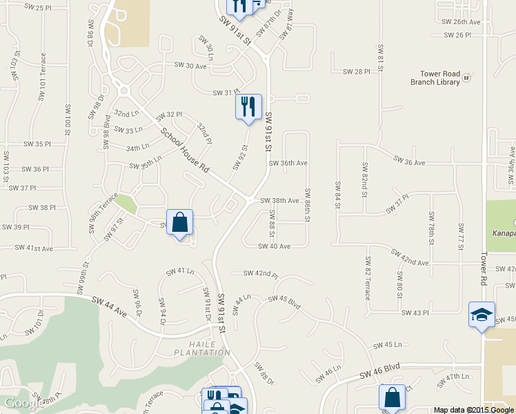 map of restaurants, bars, coffee shops, grocery stores, and more near 8824 Southwest 38 Road in Gainesville