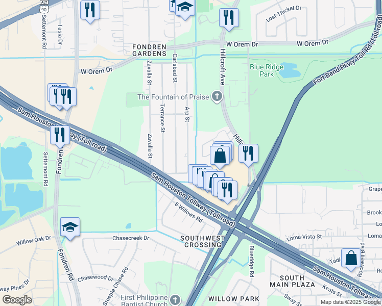 map of restaurants, bars, coffee shops, grocery stores, and more near 12813 Arp Street in Houston