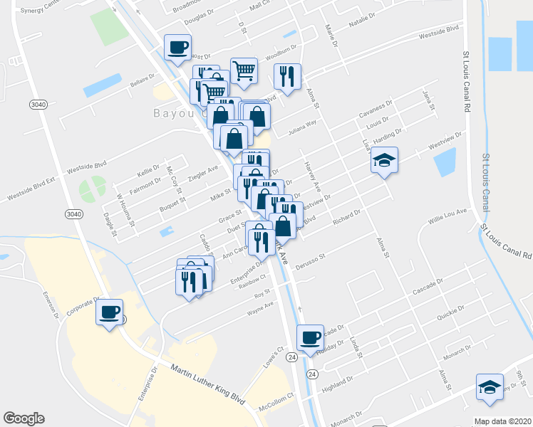 map of restaurants, bars, coffee shops, grocery stores, and more near 6040 West Park Avenue in Houma