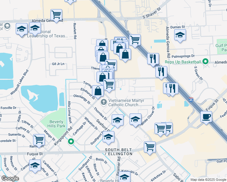 map of restaurants, bars, coffee shops, grocery stores, and more near 10722c Kingspoint Road in Houston
