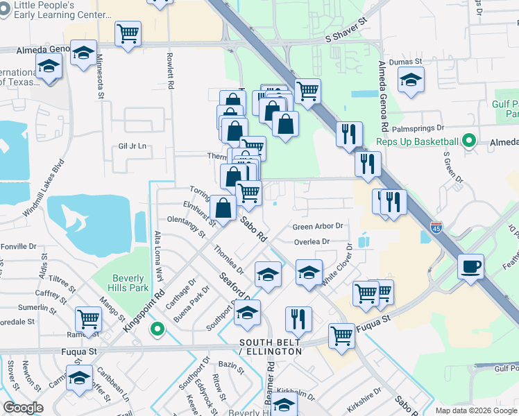 map of restaurants, bars, coffee shops, grocery stores, and more near 10802 Kingspoint Road in Houston
