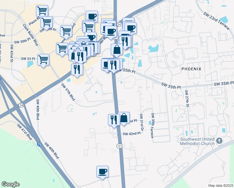 map of restaurants, bars, coffee shops, grocery stores, and more near 3921 Southwest 34th Street in Gainesville