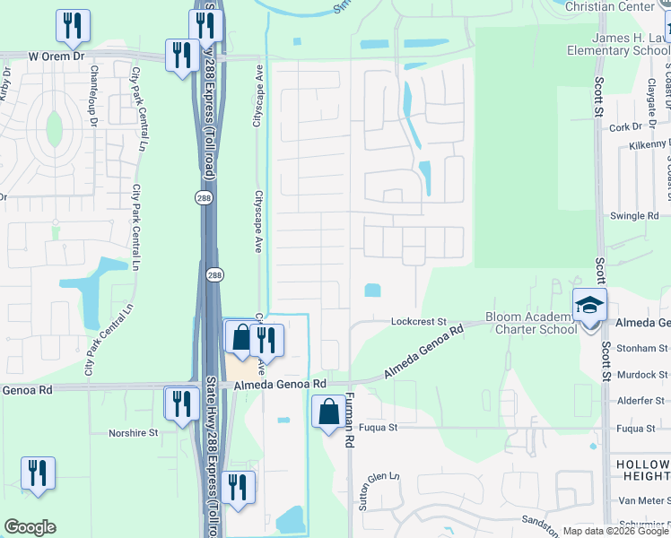 map of restaurants, bars, coffee shops, grocery stores, and more near 2734 Skyview Ridge Court in Houston