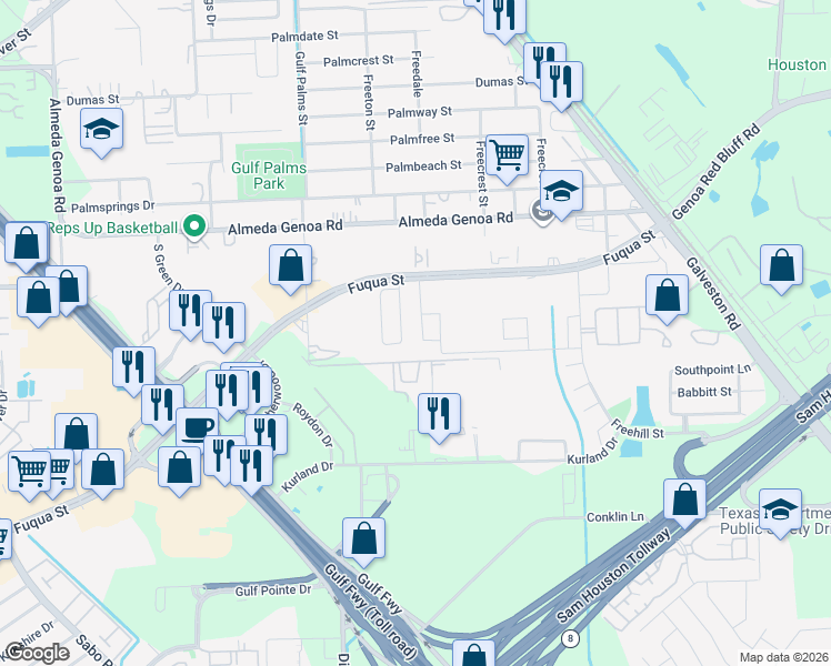 map of restaurants, bars, coffee shops, grocery stores, and more near 10223 East Palm Lake Drive in Houston