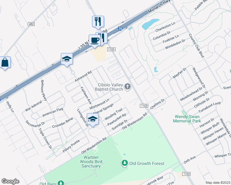 map of restaurants, bars, coffee shops, grocery stores, and more near 2977 Mistywood Lane in Schertz