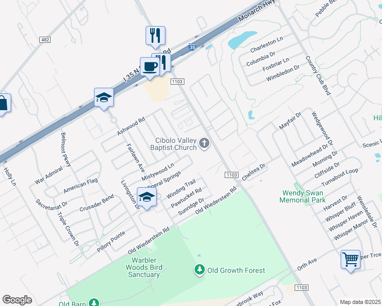 map of restaurants, bars, coffee shops, grocery stores, and more near 2977 Mistywood Lane in Schertz