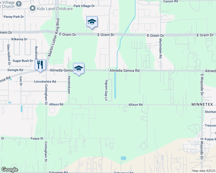 map of restaurants, bars, coffee shops, grocery stores, and more near 13134 Ingram Gap Lane in Houston