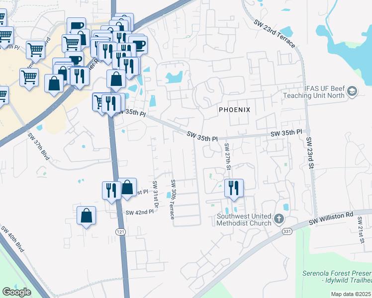 map of restaurants, bars, coffee shops, grocery stores, and more near 3425 Southwest 29th Terrace in Gainesville