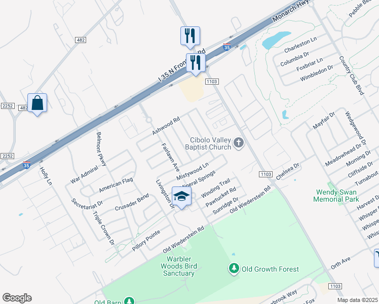 map of restaurants, bars, coffee shops, grocery stores, and more near 715 Eagles Glen in Schertz