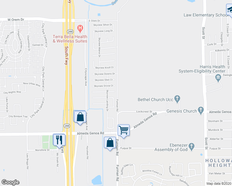 map of restaurants, bars, coffee shops, grocery stores, and more near 2734 Skyview Ridge Court in Houston