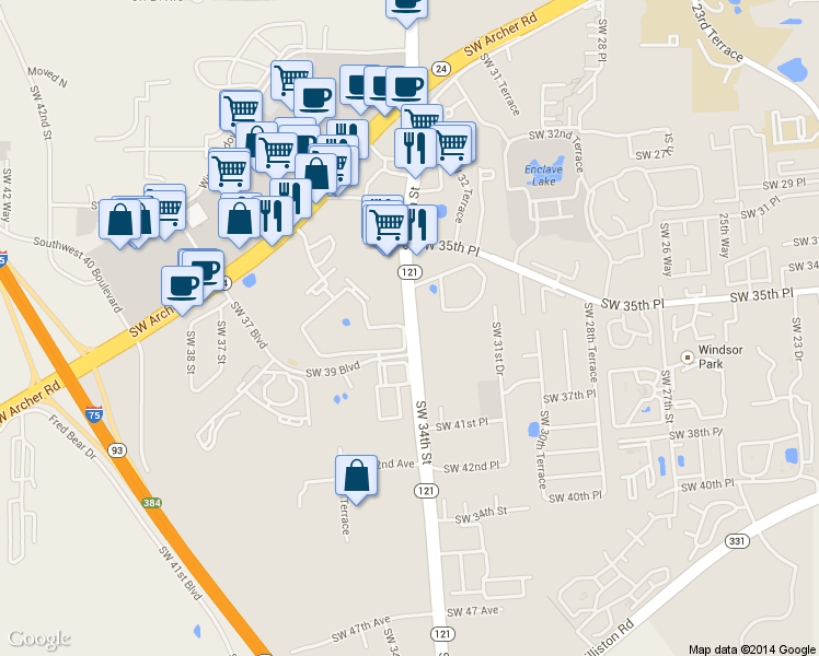 map of restaurants, bars, coffee shops, grocery stores, and more near 3813 Florida 121 in Gainesville