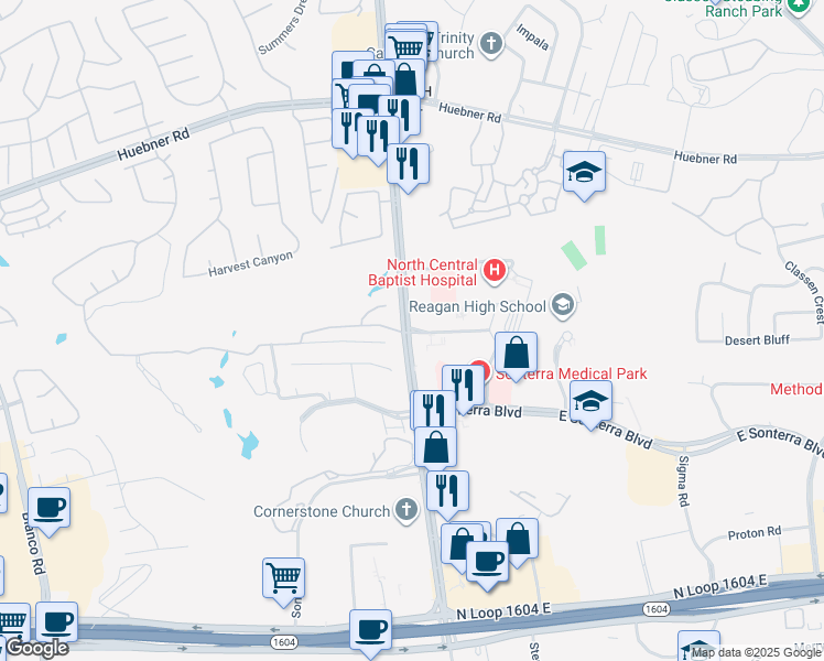 map of restaurants, bars, coffee shops, grocery stores, and more near 525 Oak Centre Drive in San Antonio
