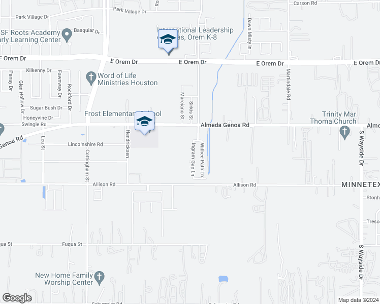 map of restaurants, bars, coffee shops, grocery stores, and more near 13134 Ingram Gap Lane in Houston