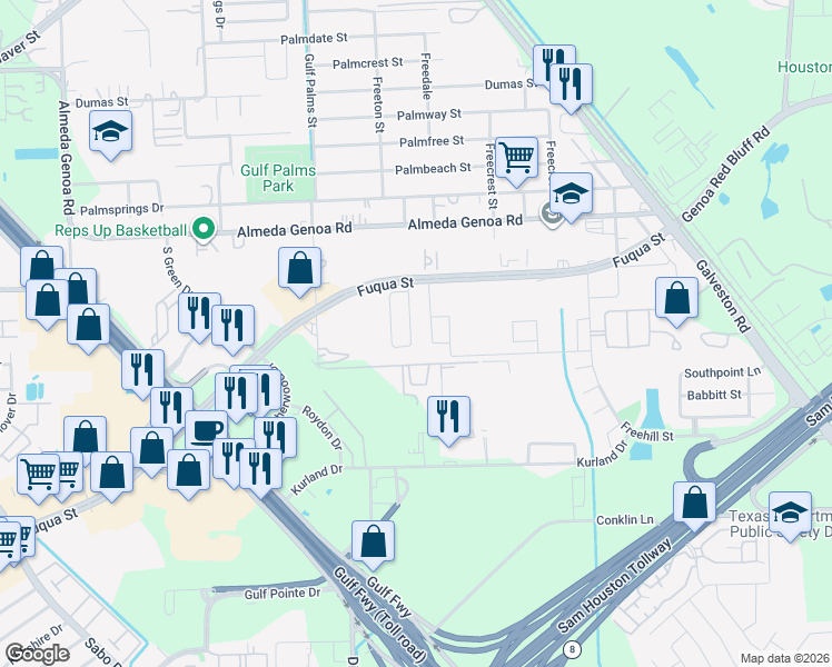 map of restaurants, bars, coffee shops, grocery stores, and more near 10223 East Palm Lake Drive in Houston