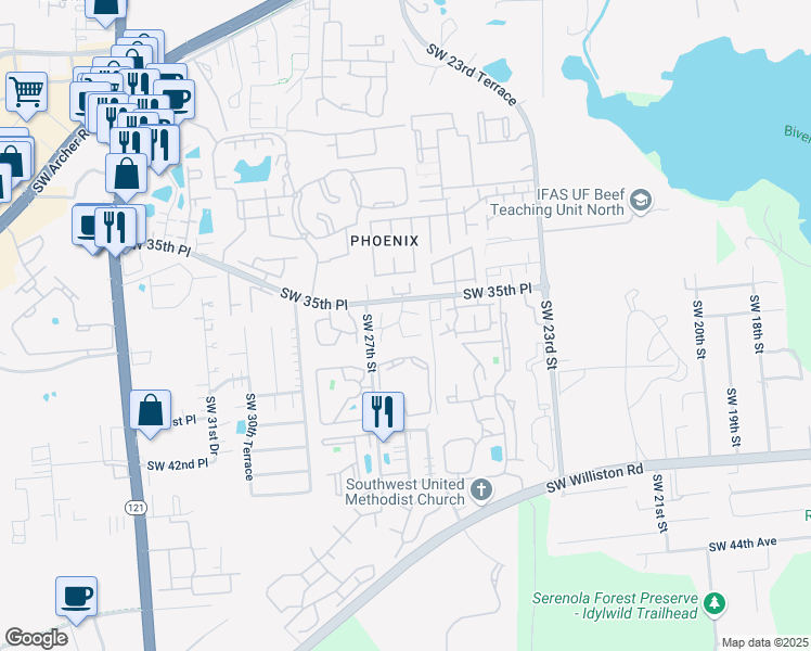 map of restaurants, bars, coffee shops, grocery stores, and more near Unnamed Road in Gainesville