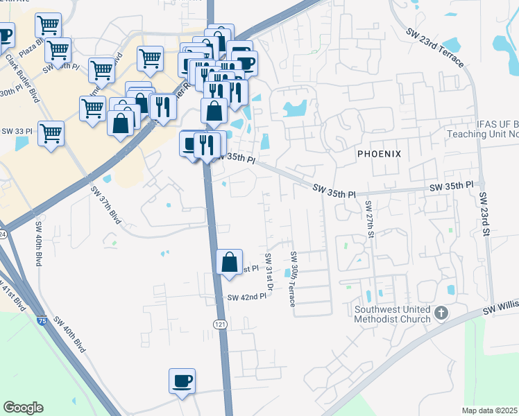 map of restaurants, bars, coffee shops, grocery stores, and more near 3408 Southwest 31st Drive in Gainesville