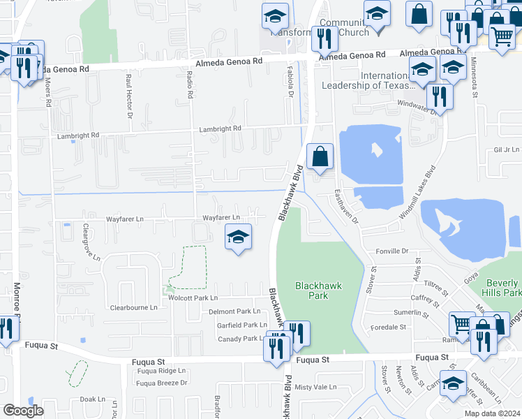 map of restaurants, bars, coffee shops, grocery stores, and more near 9205 Wayfarer Lane in Houston