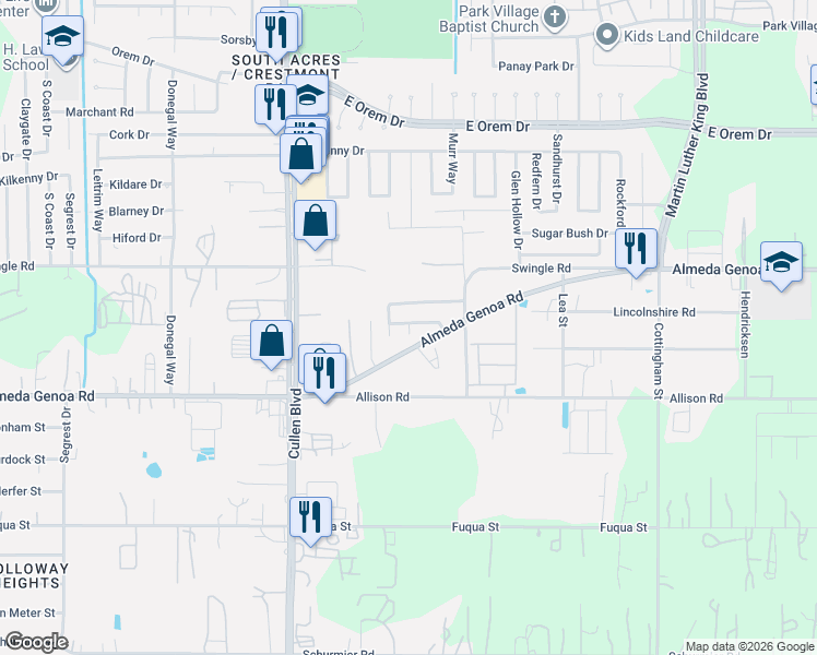 map of restaurants, bars, coffee shops, grocery stores, and more near 13103 Aiden Circle in Houston