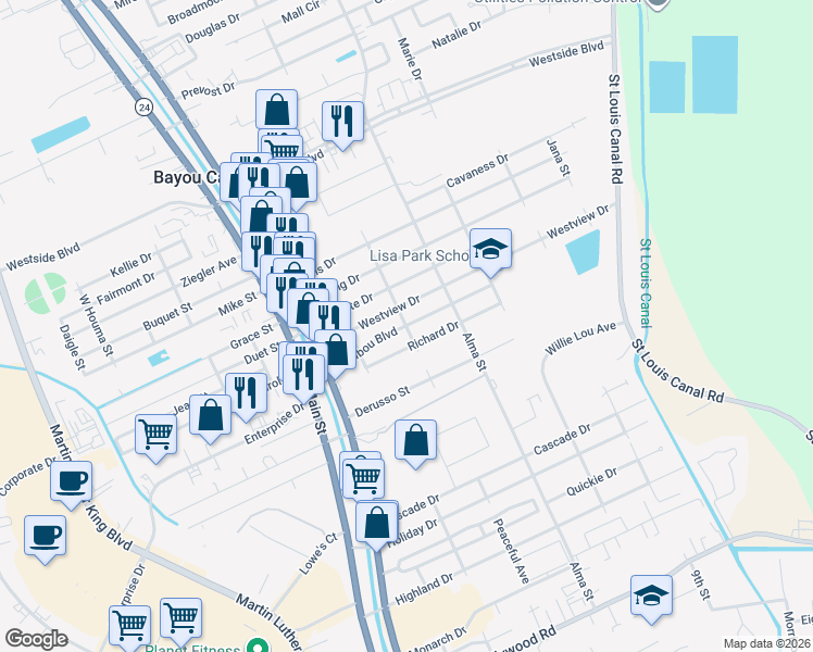 map of restaurants, bars, coffee shops, grocery stores, and more near 198 Malibou Boulevard in Houma
