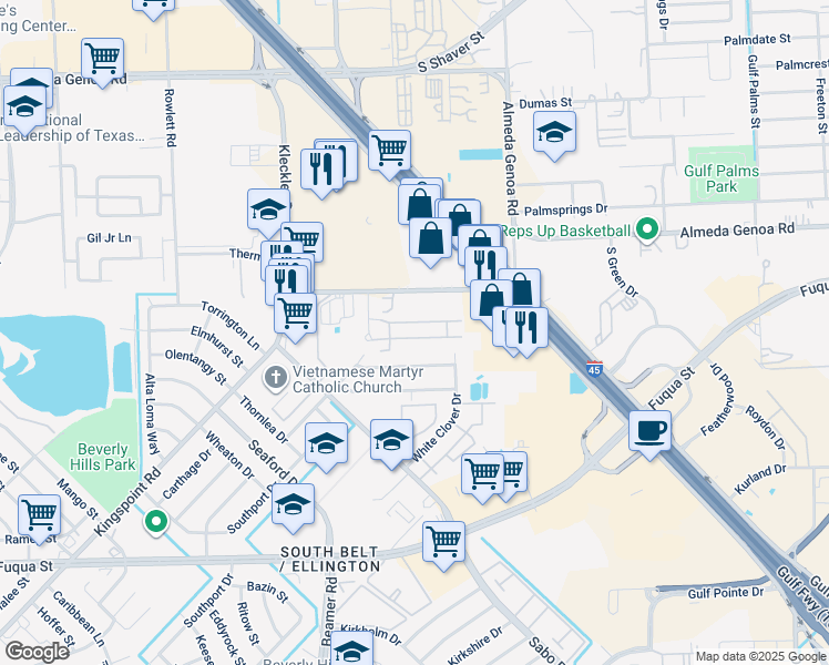 map of restaurants, bars, coffee shops, grocery stores, and more near 10950 Tanner Park Court in Houston