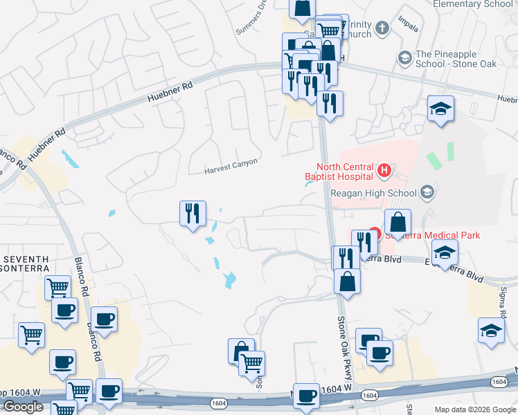 map of restaurants, bars, coffee shops, grocery stores, and more near 767 Sweetbrush in San Antonio