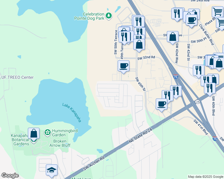 map of restaurants, bars, coffee shops, grocery stores, and more near 3593 Southwest 51st Way in Gainesville