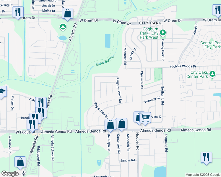 map of restaurants, bars, coffee shops, grocery stores, and more near 12926 Belmont Legend Court in Houston