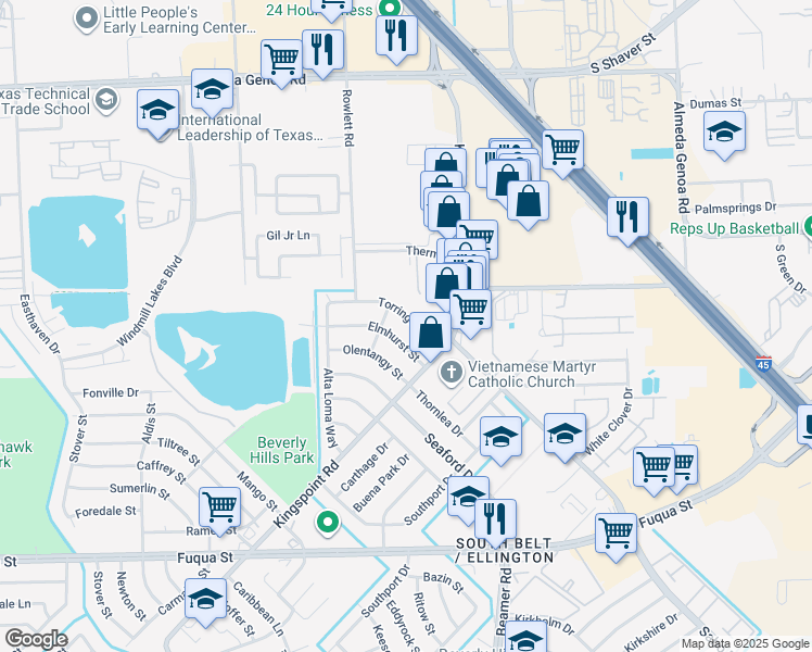 map of restaurants, bars, coffee shops, grocery stores, and more near 10218 Torrington Ln in Houston