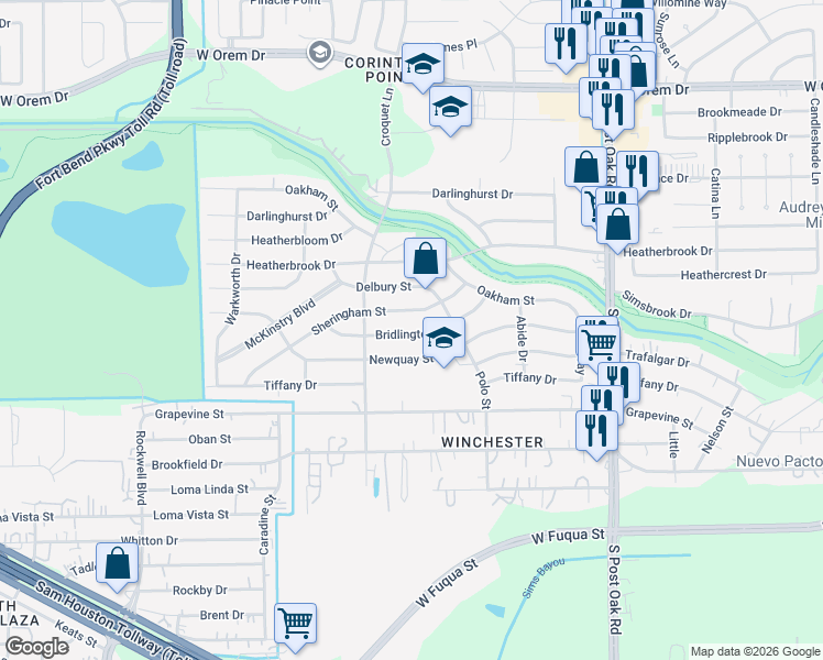 map of restaurants, bars, coffee shops, grocery stores, and more near 5914 Bridlington Street in Houston