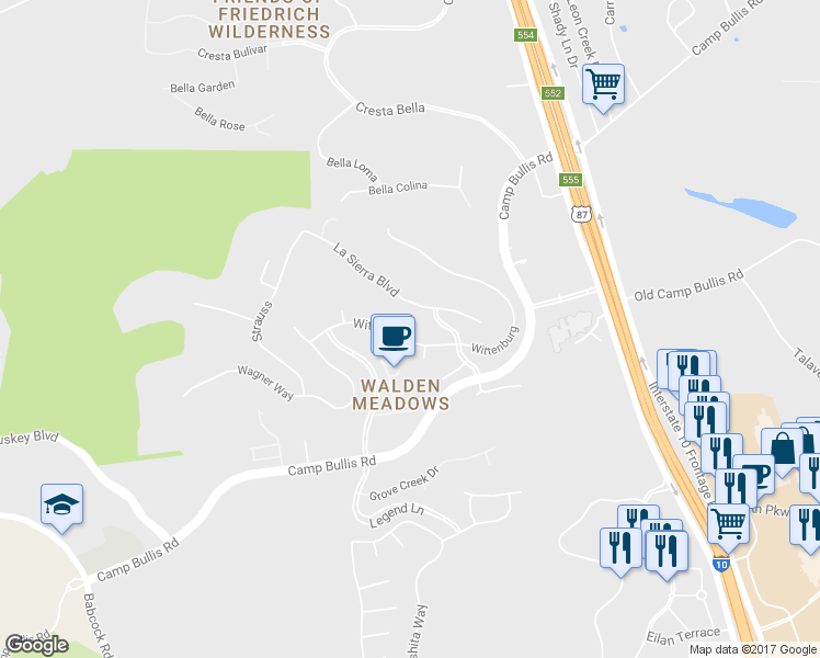 map of restaurants, bars, coffee shops, grocery stores, and more near 19611 Wittenburg in San Antonio