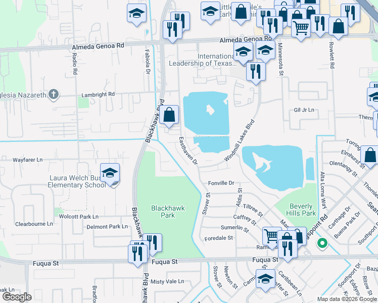 map of restaurants, bars, coffee shops, grocery stores, and more near 10050 Easthaven Boulevard in Houston