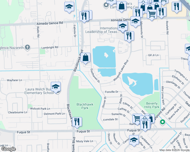 map of restaurants, bars, coffee shops, grocery stores, and more near 10113 Blue Point Juniper Drive in Houston