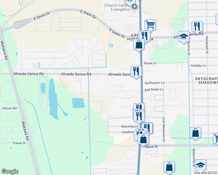 map of restaurants, bars, coffee shops, grocery stores, and more near 7404 Bluejay Lane in Houston