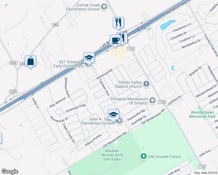 map of restaurants, bars, coffee shops, grocery stores, and more near 732 Clearbrook Avenue in Schertz