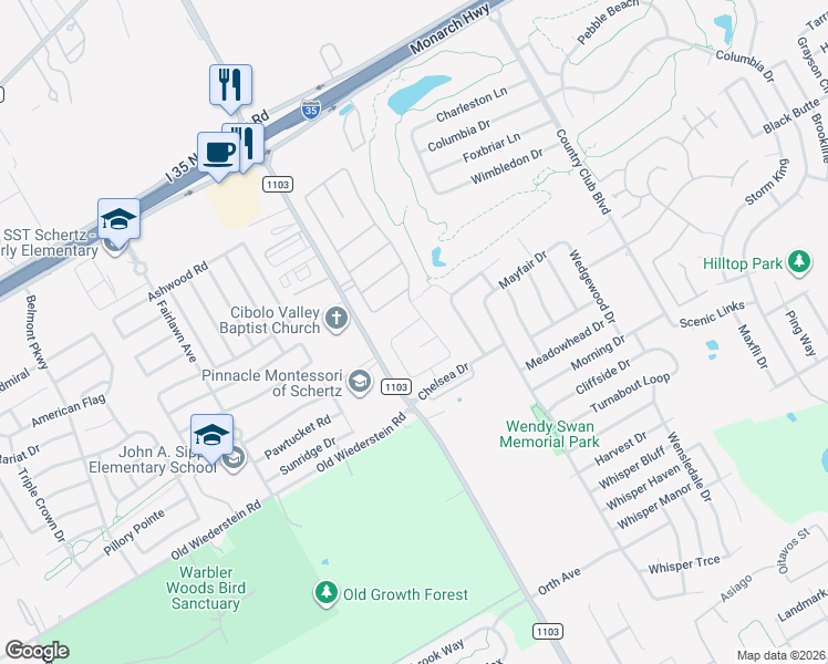 map of restaurants, bars, coffee shops, grocery stores, and more near 3120 Half Moon Drive in Schertz