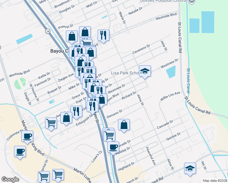 map of restaurants, bars, coffee shops, grocery stores, and more near 122 Westview Drive in Houma