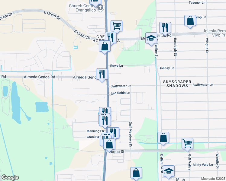 map of restaurants, bars, coffee shops, grocery stores, and more near 7713 Red Robin Lane in Houston
