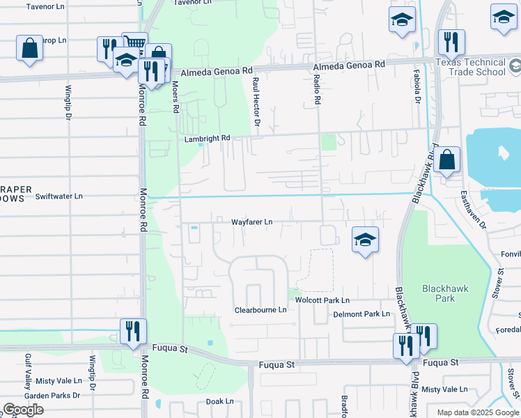 map of restaurants, bars, coffee shops, grocery stores, and more near 8835 Wayfarer Lane in Houston
