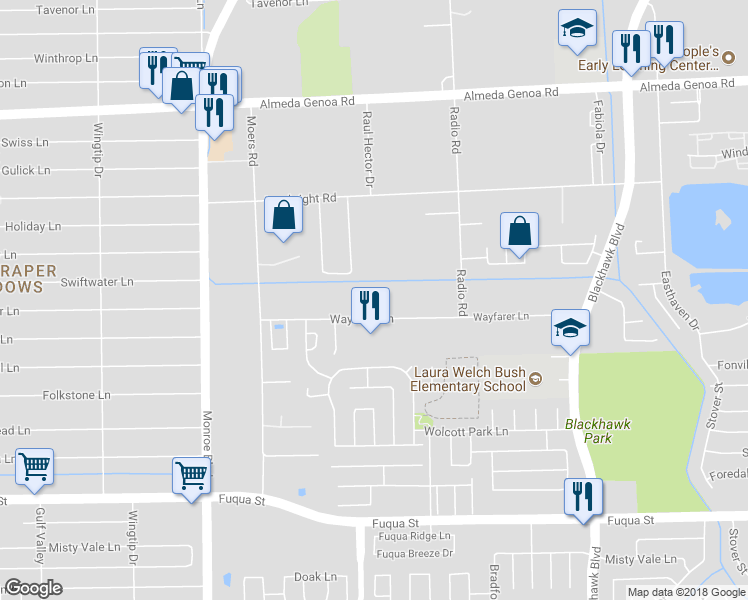 map of restaurants, bars, coffee shops, grocery stores, and more near 8835 Wayfarer Lane in Houston