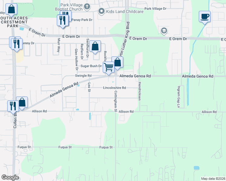 map of restaurants, bars, coffee shops, grocery stores, and more near 4734 Lincolnshire Road in Houston