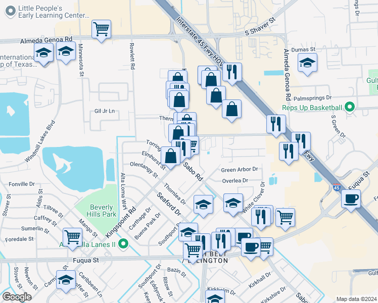 map of restaurants, bars, coffee shops, grocery stores, and more near 10722c Kingspoint Road in Houston