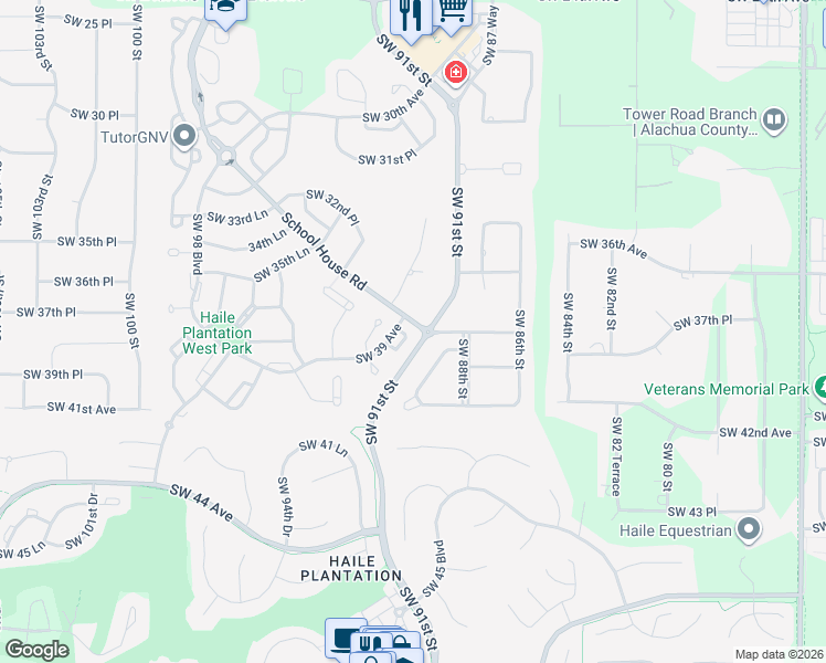map of restaurants, bars, coffee shops, grocery stores, and more near 8824 Southwest 38 Road in Gainesville