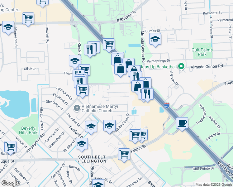 map of restaurants, bars, coffee shops, grocery stores, and more near 10950 Tanner Park Court in Houston