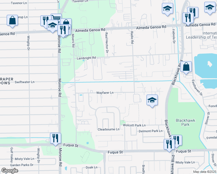 map of restaurants, bars, coffee shops, grocery stores, and more near 8835 Wayfarer Lane in Houston