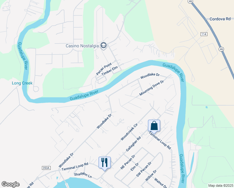map of restaurants, bars, coffee shops, grocery stores, and more near 505 Woodlake Drive in McQueeney