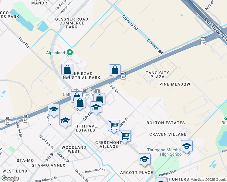 map of restaurants, bars, coffee shops, grocery stores, and more near 502 Bull Lane in Missouri City