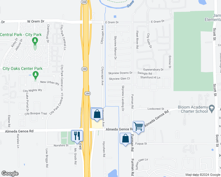 map of restaurants, bars, coffee shops, grocery stores, and more near 2615 Skyview Ridge Court in Houston