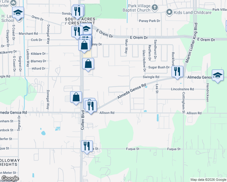 map of restaurants, bars, coffee shops, grocery stores, and more near 4219 Almeda Meadows Drive in Houston